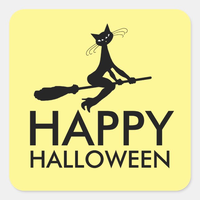 Cat On Broomstick, Happy Halloween Square Sticker (Front)