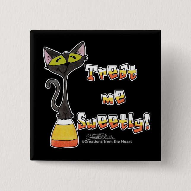 Cat on Candy Corn-Treat Me Sweetly 2 Inch Square Button (Front)