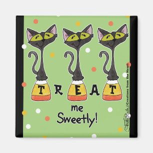 Cat on Candy Corn Treat Me Sweetly-Green Magnet