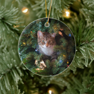 Cat on Christmas tree Ceramic Ornament