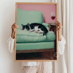 Cat on Couch with Wine Wall Art Painting Print