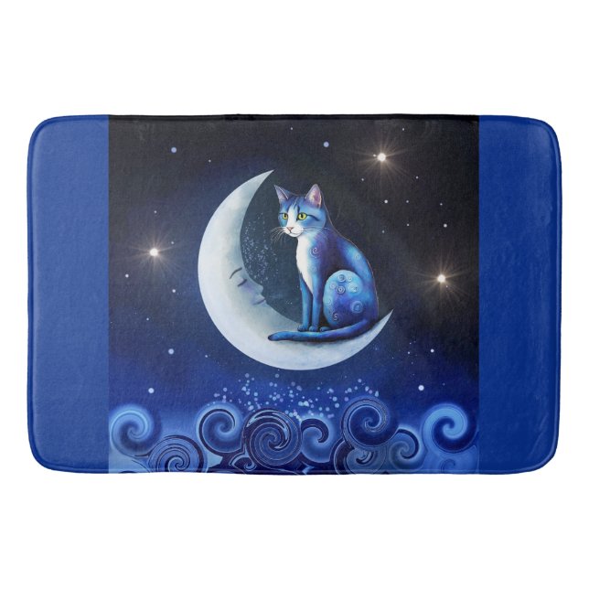Cat on Crescent Moon blue Cat 773 Bath Mat (Front)