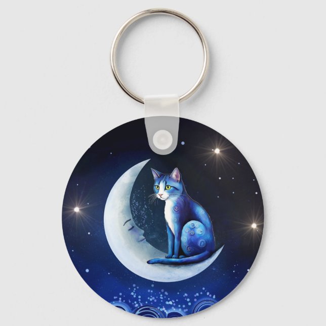 Cat on Crescent Moon blue Cat 773 Keychain (Front)