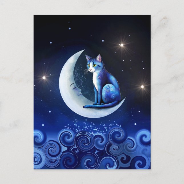 Cat on Crescent Moon blue Cat 773 Postcard (Front)