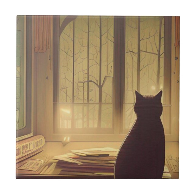 Cat on desk with papers looking at trees outside tile (Front)