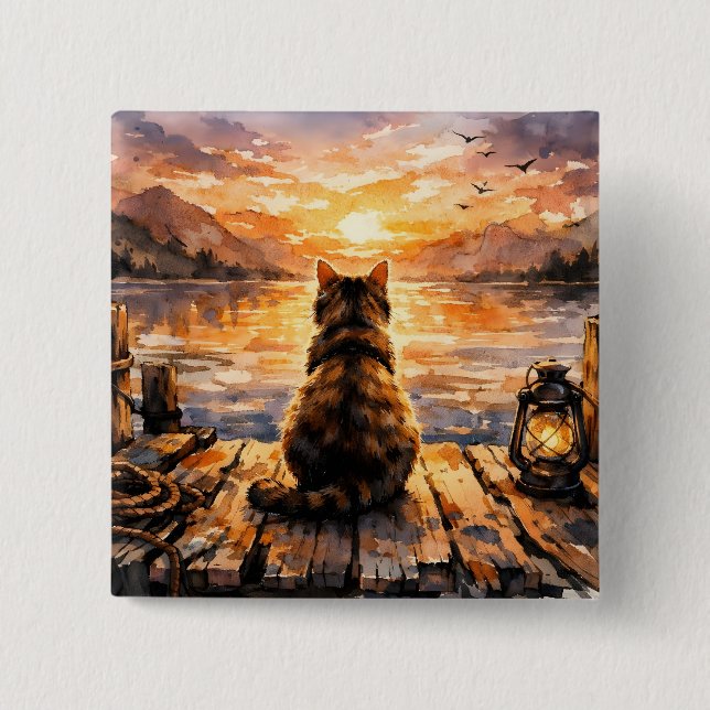 Cat on Dock at Sunset 2 Inch Square Button (Front)