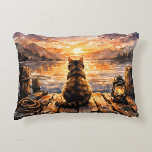 Cat on Dock at Sunset Accent Pillow