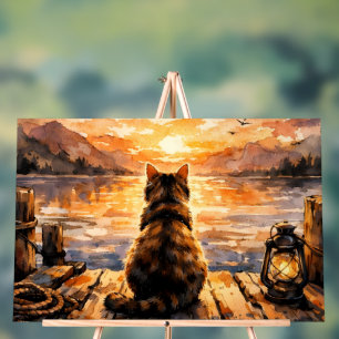Cat on Dock at Sunset Acrylic Sign