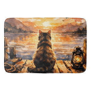 Cat on Dock at Sunset Bath Mat
