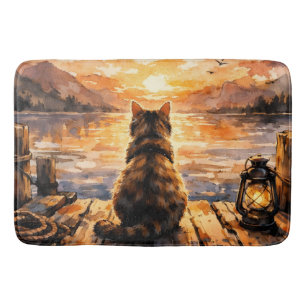 Cat on Dock at Sunset Bath Mat