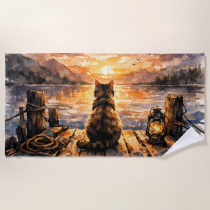 Cat on Dock at Sunset Beach Towel
