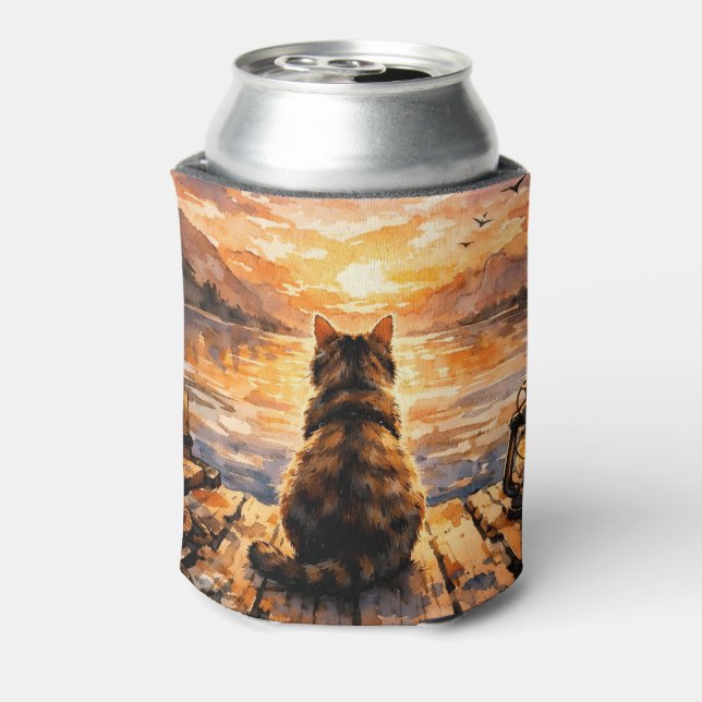 Cat on Dock at Sunset Can Cooler (Can Back)