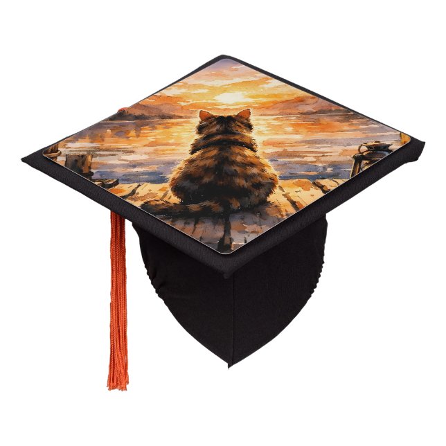 Cat on Dock at Sunset Graduation Cap Topper (Angled)