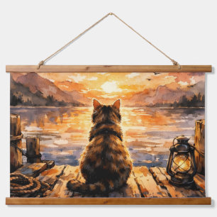 Cat on Dock at Sunset Hanging Tapestry