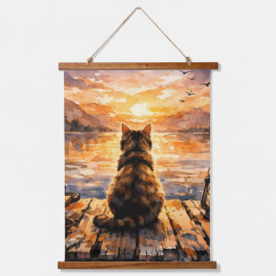 Cat on Dock at Sunset Hanging Tapestry