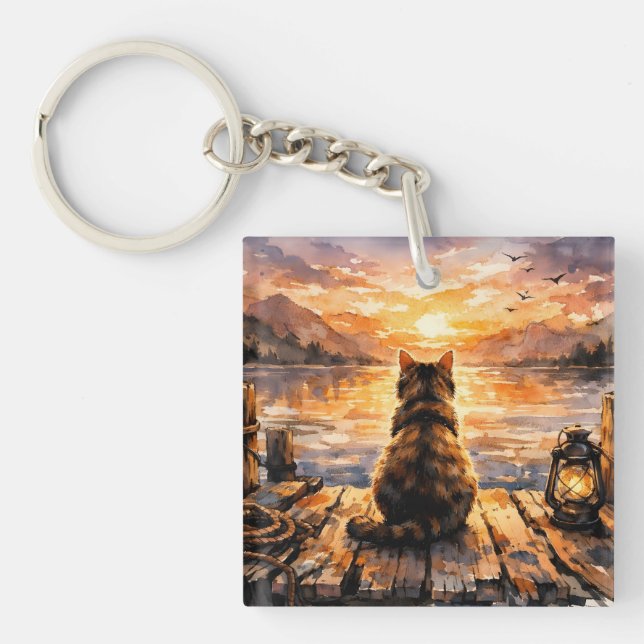 Cat on Dock at Sunset Keychain (Front)
