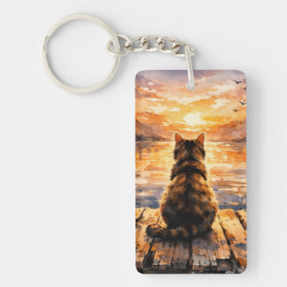 Cat on Dock at Sunset Keychain