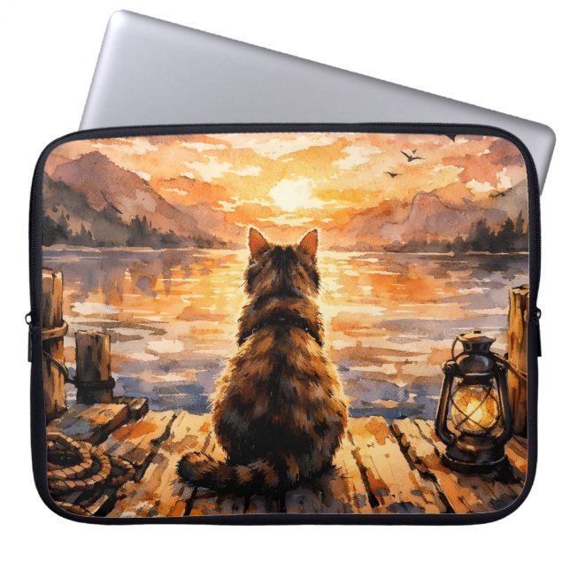 Cat on Dock at Sunset Laptop Sleeve (Front)