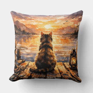 Cat on Dock at Sunset Throw Pillow