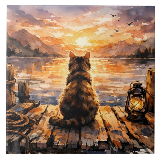 Cat on Dock at Sunset Tile (Front)