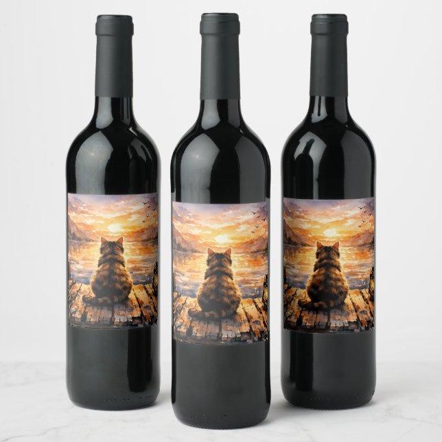 Cat on Dock at Sunset Wine Label (Bottles)