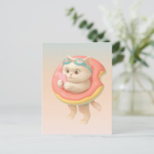 Cat on Donut Pool Float Announcement Postcard