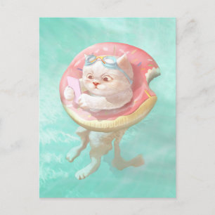 Cat on Doughnut Pool Float Announcement Postcard
