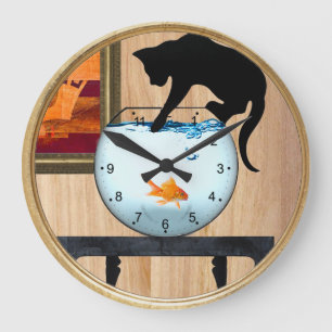 cat on fishbowl wall clock