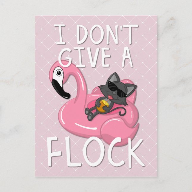 Cat on Flamingo w Pineapple Pink w White Diamonds Holiday Postcard (Front)