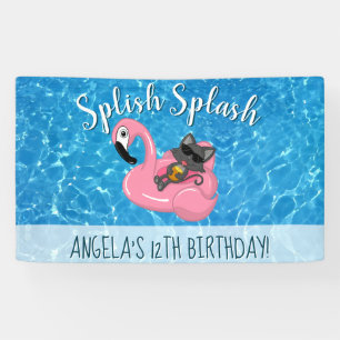 Cat on Flamingo with Pineapple Birthday Pool Party Banner