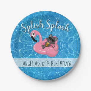 Cat on Flamingo with Pineapple Birthday Pool Party Paper Plate