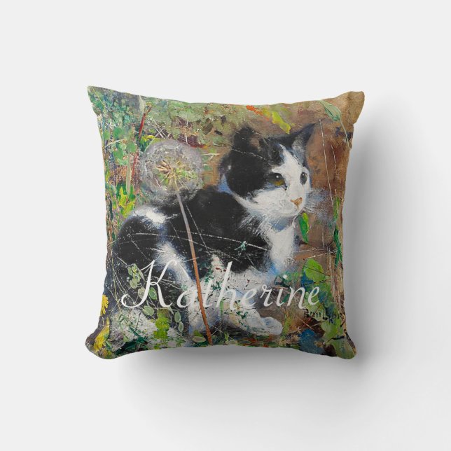 Cat on Flowerbed Throw Pillow (Front)