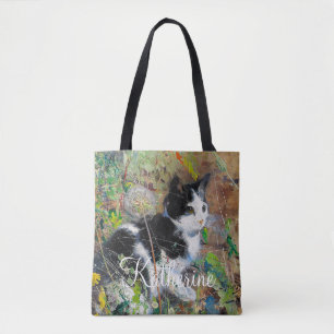 Cat on Flowerbed Tote Bag
