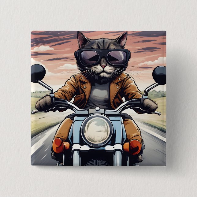 Cat on motorbike 2 inch square button (Front)
