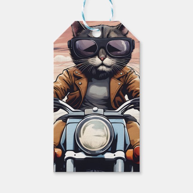 Cat on motorbike gift tags (Front)
