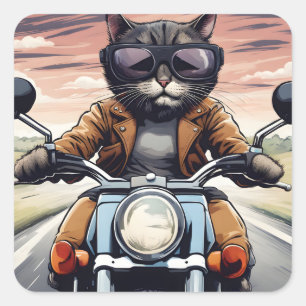 Cat on motorbike square sticker