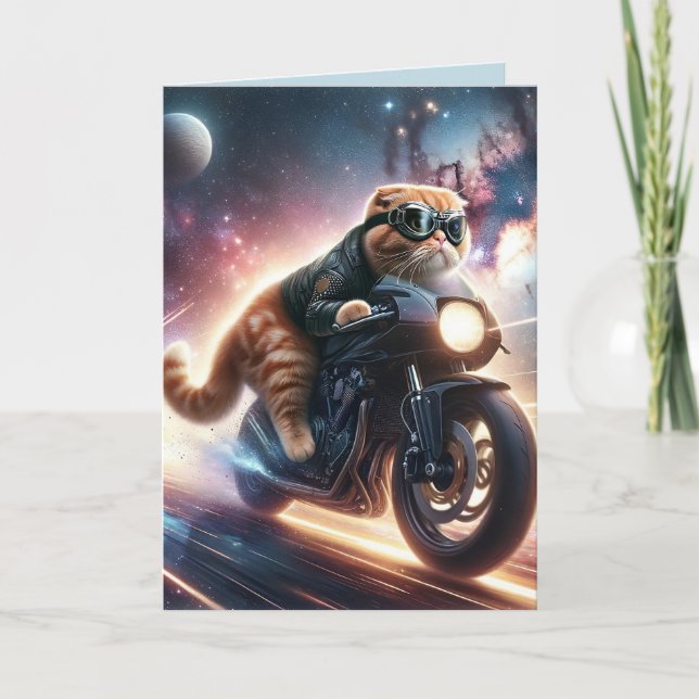 Cat on Motorcycle Birthday Greeting Card (Front)