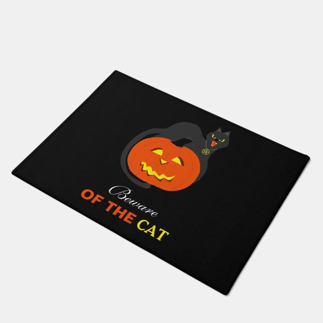 Cat on Pumpkin, Beware of the Cat  Doormat (Angled)