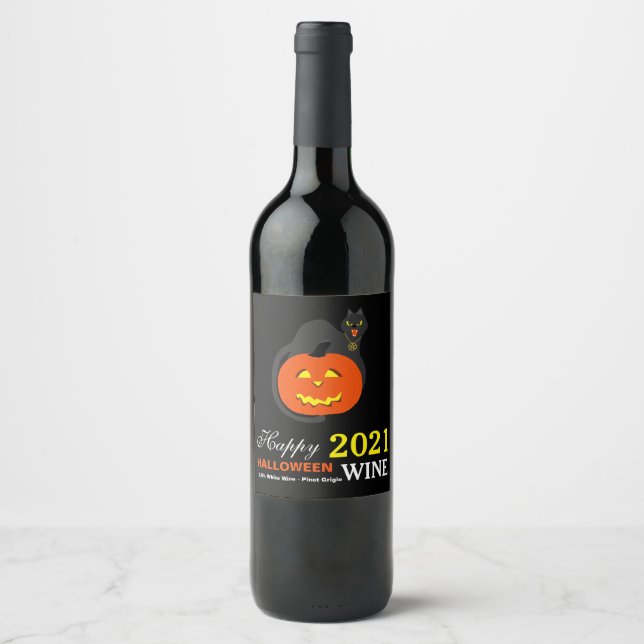 Cat on Pumpkin, Halloween Wine Label (Front)