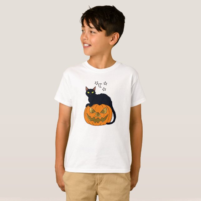 Cat on pumpkin with stars T-Shirt (Front Full)