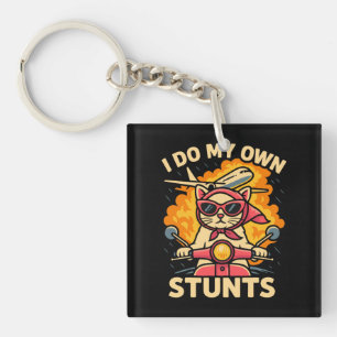 Cat On Scooter I Do My Own Stunts Keychain