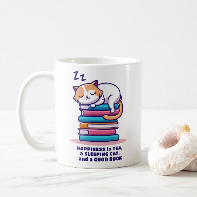 Cat on Stack of Books Cute Personalized Reader Tea Coffee Mug (With Donut)