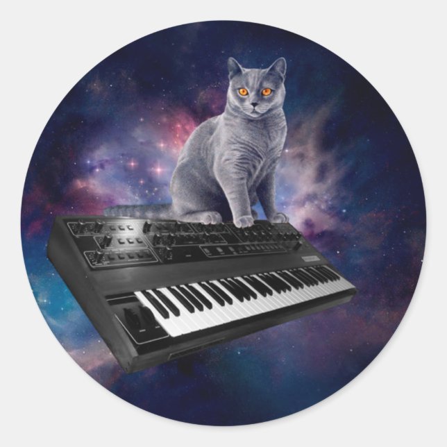 Cat on synthesizer in space classic round sticker (Front)