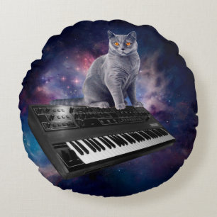 Cat on synthesizer in space round pillow