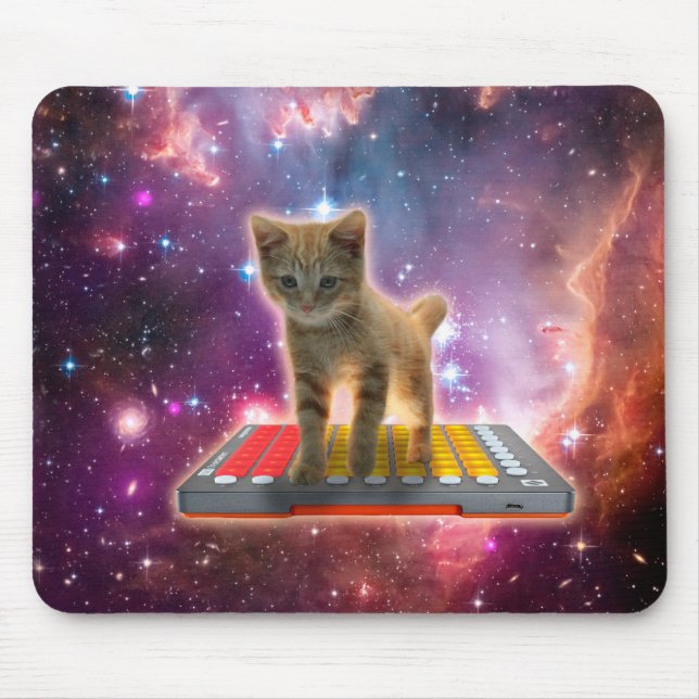 Cat on synthesizers in space mouse pad (Front)