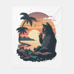 Cat on the beach with the cigarette fleece blanket