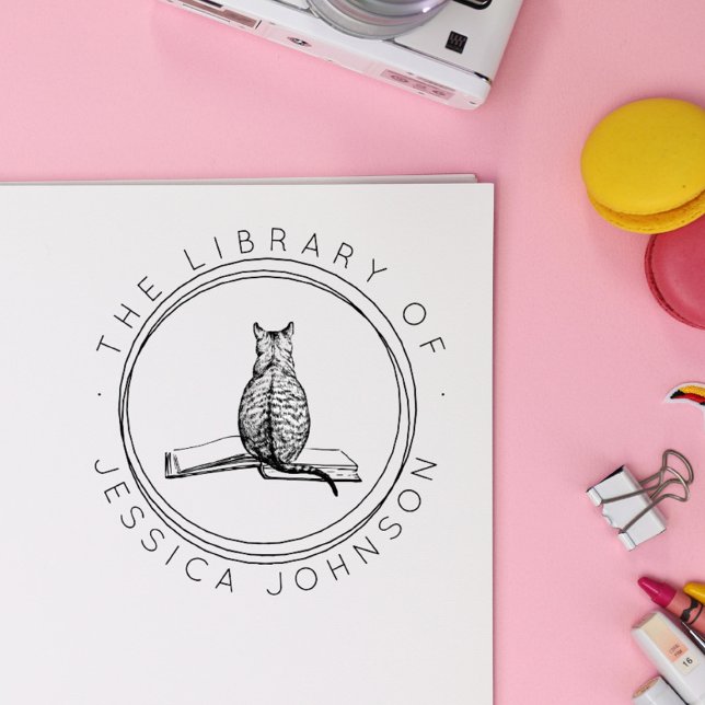 Cat on the Book Cute Modern Library  Self-inking Stamp (Creator Uploaded)
