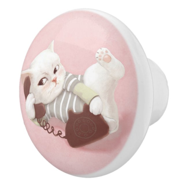 Cat on the Phone Ceramic Knob (Right)