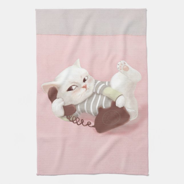 Cat on the Phone Kitchen Towel (Vertical)