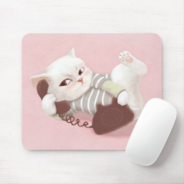 Cat on the Phone Mouse Pad (With Mouse)